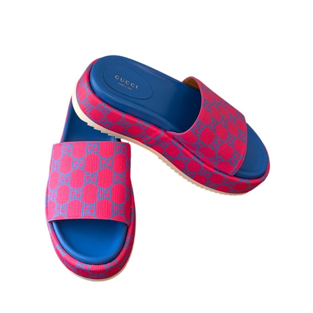 Gucci GG Supreme Angelina Platform Sandals Pink Blue Slides Size‎ 37.5/7.5 US